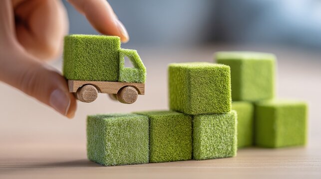 Close-up of a hand holding a toy truck covered in artificial grass next to grass-covered cube blocks on a wood surface, symbolizing eco-friendly transportation and green initiatives.