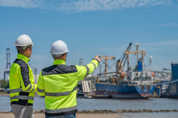 Fototapeta premium An engineer works at a busy shipping port, inspecting containers and managing logistics operations, ensuring smooth import and export processes with safety and efficiency in global trade.