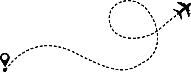 Airplane route with dotted flight path. 