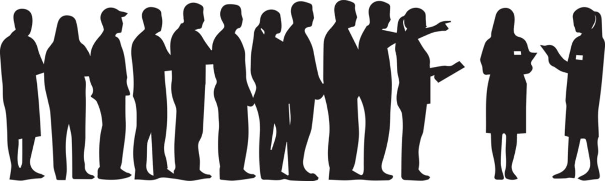 Diverse group of people silhouettes in line anticipating interaction with leaders