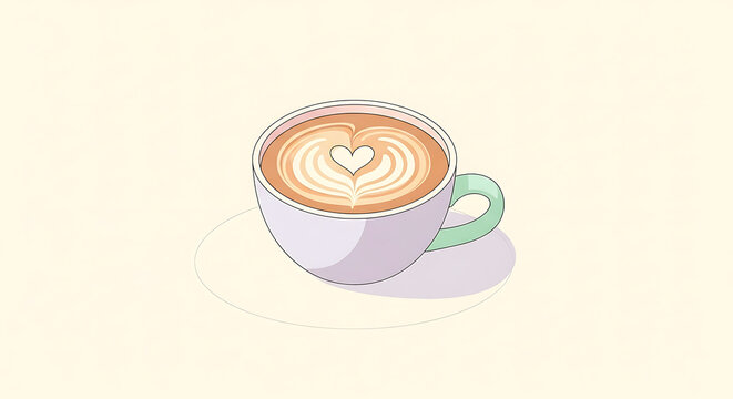 Minimalist vector illustration of a warm coffee latte in a pastel cup, featuring lovely heart foam art on a clean background - Powered by Adobe