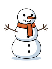 snowman vector illustration with orange scarf and carrot nose. Winter activity cartoon design on transparent background