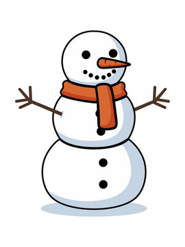 snowman vector illustration with orange scarf and carrot nose. Winter activity cartoon design on transparent background