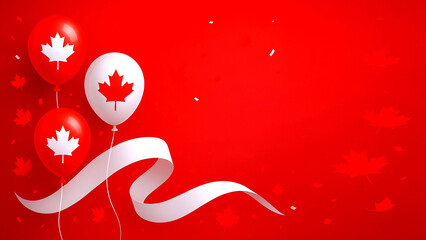 Canada Day banner illustration featuring balloons and maple leaves, with white fabric set against a red background and ample copy space.