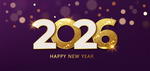 Happy New Year 2026 golden number on purple background. Glowing festive banner bokeh elegant vector design.