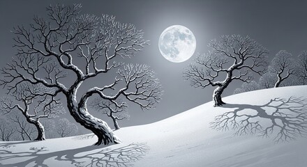 A black and white image of bare trees on a snowy hill under a full moon