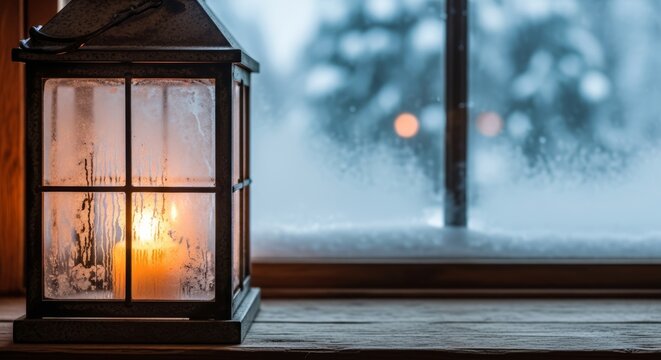 Rustic lantern with candle by frosty window on snowy winter day