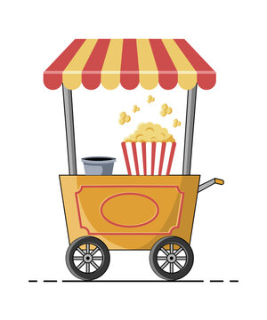 Popcorn cart vector illustration on transparent background. Carnival and entertainment stand object design