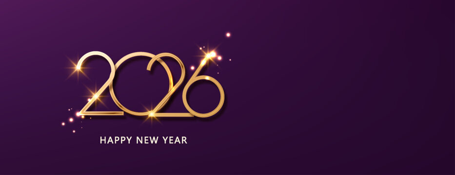 2026 Purple and gold Happy New Year background. Festive glowing banner luxury celebration.