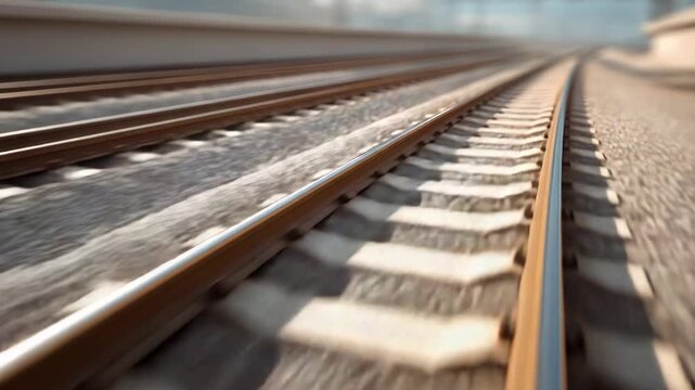 Unique point of view from a fast moving train traveling along a curved railway track, with the sleepers and ballast blurring due to the high speed and motion, representing a journey concept