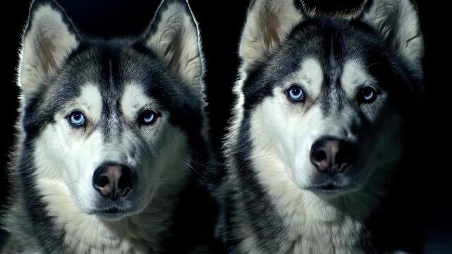 Two Husky dogs staring intensely, against a black background, perfect for advertising or editorial use