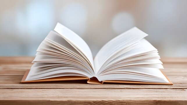 An open book displaying clean white pages is centrally placed on a rustic wooden table surface with a gentle bokeh light background suggesting a calm setting