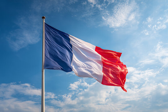 French flag waves proudly against a blue sky during Bastille Day highlighting patriotism and celebration - Powered by Adobe