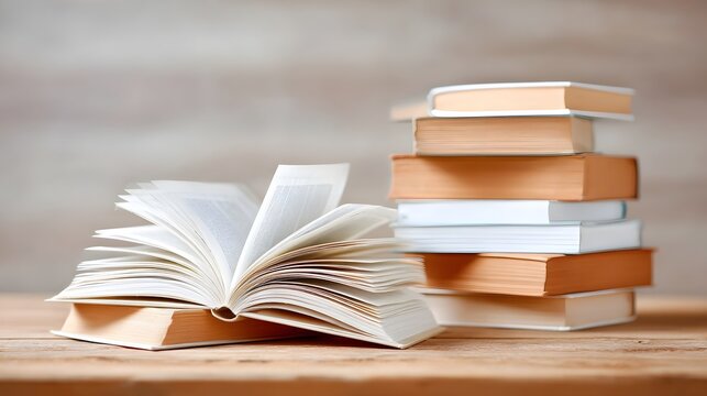 An open book and a neat stack of various volumes are arranged on a wooden table suggesting themes of literature knowledge acquisition and academic pursuits