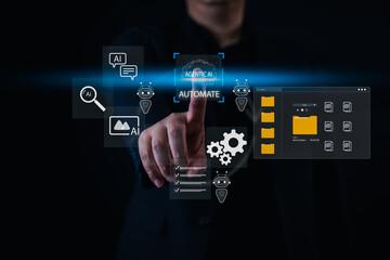 Artificial intelligence automation concept with a businessman touching virtual interface showing AI icons, digital folders, chatbot, and settings gear symbolizing smart workflow systems