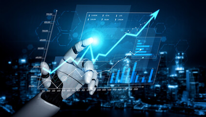 A robotic hand interacts with a digital graph, showcasing growth and data analysis, set against a futuristic urban backdrop that highlights technology and innovation. Scalp