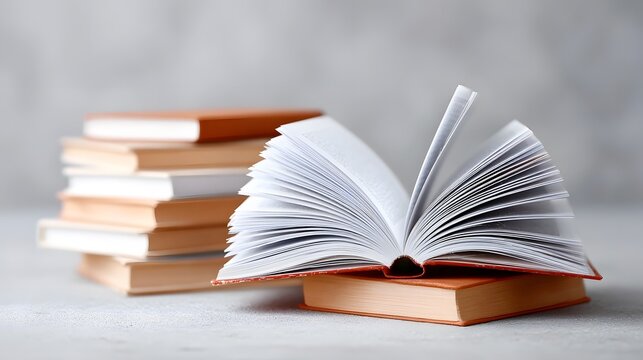 A collection of closed books stacked with an open book placed on top representing literature knowledge and study in a bright indoor setting
