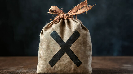 Rustic burlap sack with prominent black X symbol on wooden surface for International Anti-Corruption Day