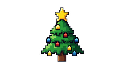 Retro pixel art Christmas tree with festive ornaments and a shining star, perfect for holiday celebrations and digital designs
