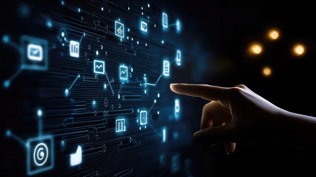 A hand approaches a glowing digital interface filled with various icons and symbols, showcasing technology and interaction