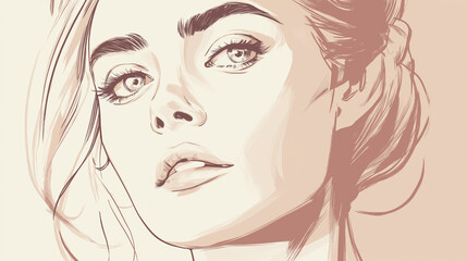 Elegant line art portrait of a woman with striking features and a soft gaze on a pastel background