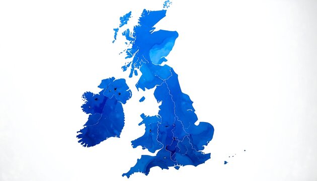 Blue Watercolor Map of the British Isles on White.