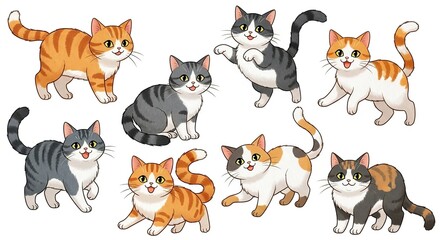 Fototapeta premium A collection of cute cartoon cats in various poses and colors, isolated on a white background