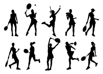 Female tennis silhouette vector set with dynamic sport poses. Vector illustration