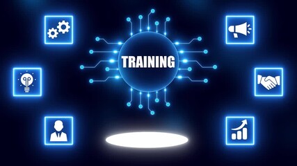 Digital concept of training with glowing icons and central text on dark blue background Keywords: training, concept, education, learning, development, business, strategy, skill, knowledge