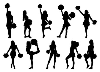 Cheerleader silhouette vector set with dynamic pom-pom poses. Vector illustration