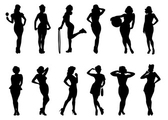 Pin-up female silhouette vector set with stylish vintage poses.. Vector illustration