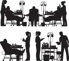 Medical care silhouette collection showing blood donation and intravenous therapy scenes