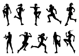 Female runner silhouette vector set with dynamic athletic poses. Vector illustration