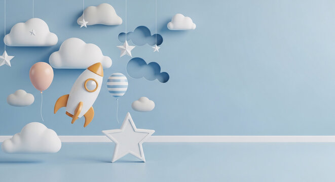 Dreamy Night Sky Background Clouds Moon  Birds on Soft Blue