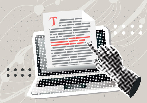 Trendy Halftone Collage Online education, creative writing and storytelling, distant learning. Template for banner, poster, social media and ads. Vector illustration. Contemporary art. Vector