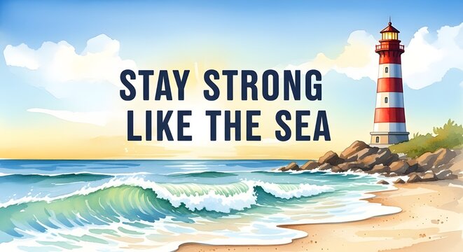 A majestic lighthouse stands tall on a rocky shore, guiding ships with its powerful beam, embodying the strength and resilience of the sea and inspiring a message of fortitude