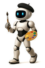 A realistic 3D humanoid robot dressed as an artist, holding a paintbrush and palette while standing confidently against a clean white background