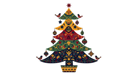 Vibrant folk art Christmas tree adorned with festive ornaments and charming birds, perfect for holiday celebrations and seasonal designs
