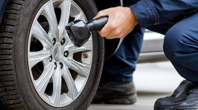 A mechanic is using a digital tool to check the tire pressure of a vehicle in a service area while it is daylight