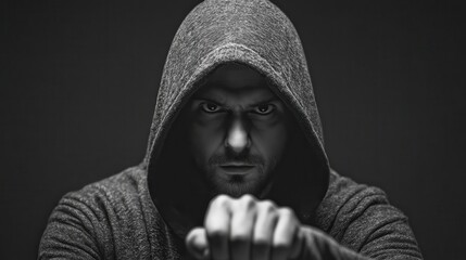 A striking black-and-white portrait of a determined man in a hoodie, displaying a powerful fist gesture with an intense expression.