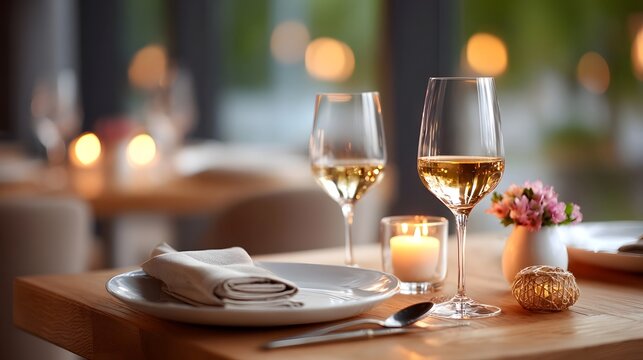 An elegant restaurant table is set for a romantic evening with two filled wine glasses a glowing candle delicate flowers and pristine dinnerware creating a warm inviting atmosphere