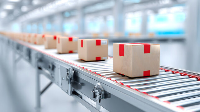 Rows of identical cardboard packages with red tape move along a high tech metallic roller conveyor belt in a spacious illuminated industrial warehouse - Powered by Adobe