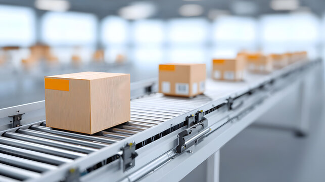 Automated conveyor system moving cardboard packages with barcodes and labels along metal rollers in a clean organized industrial facility illustrating logistics and supply chain ope ns