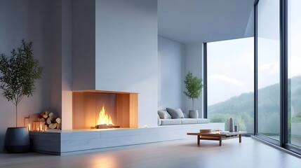 Fototapeta premium Contemporary interior design showcases a bright living space with a warm fireplace comfortable seating and expansive floor to ceiling framing a tranquil mountainous landscape