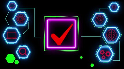 Neon Hexagon Network Technology Icons with Central Checkmark and Brains Data Processing A I Concept artificial intelligence - Powered by Adobe