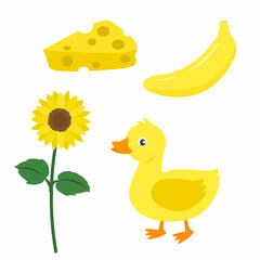 Fun educational illustration showing yellow objects for kids to learn colors. Includes duck, cheese, banana, and sunflower. Ideal for preschool learning activities, color recognition, and printable