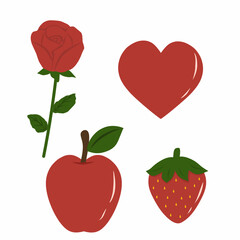 Color learning illustration with red objects for children. Includes apple, heart, strawberry, and rose. Great for preschool color recognition, kids worksheets, and classroom printables.