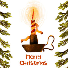 Fairy tale cartoon candle with fire. Merry christmas and happy new year greeting card with spruce branches. Hand drawn illustration on isolated background
