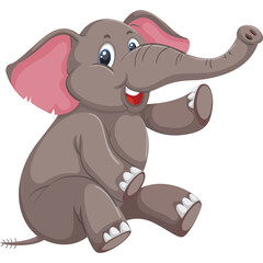 Cartoon Elephant Sitting With Trunk Raised Waving Happily In A Playful Manner With Large Ears And A Friendly Expression