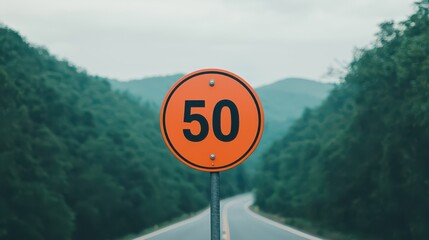 A vivid image of a speed limit sign displaying "50" on a road surrounded by lush green hills under a cloudy sky.